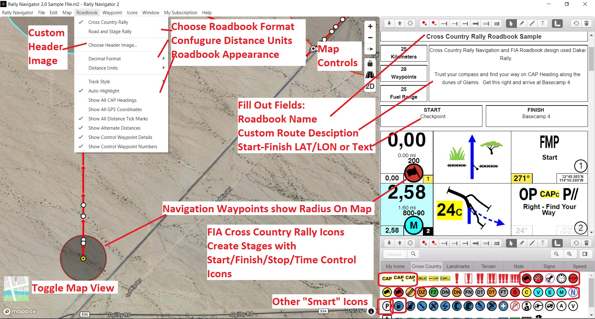 Rally route mapped on a digital terrain map in Rally Navigator