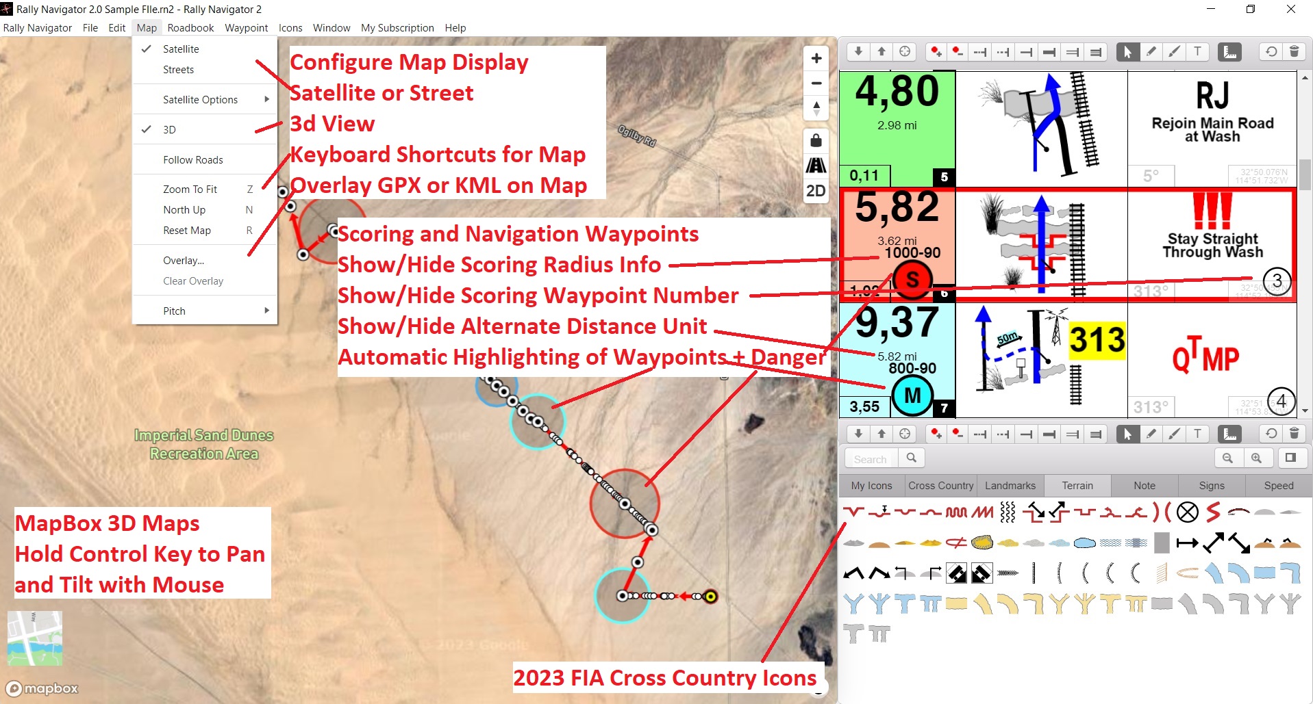 Cross-country rally roadbook with tulip diagrams and FIA navigation icons