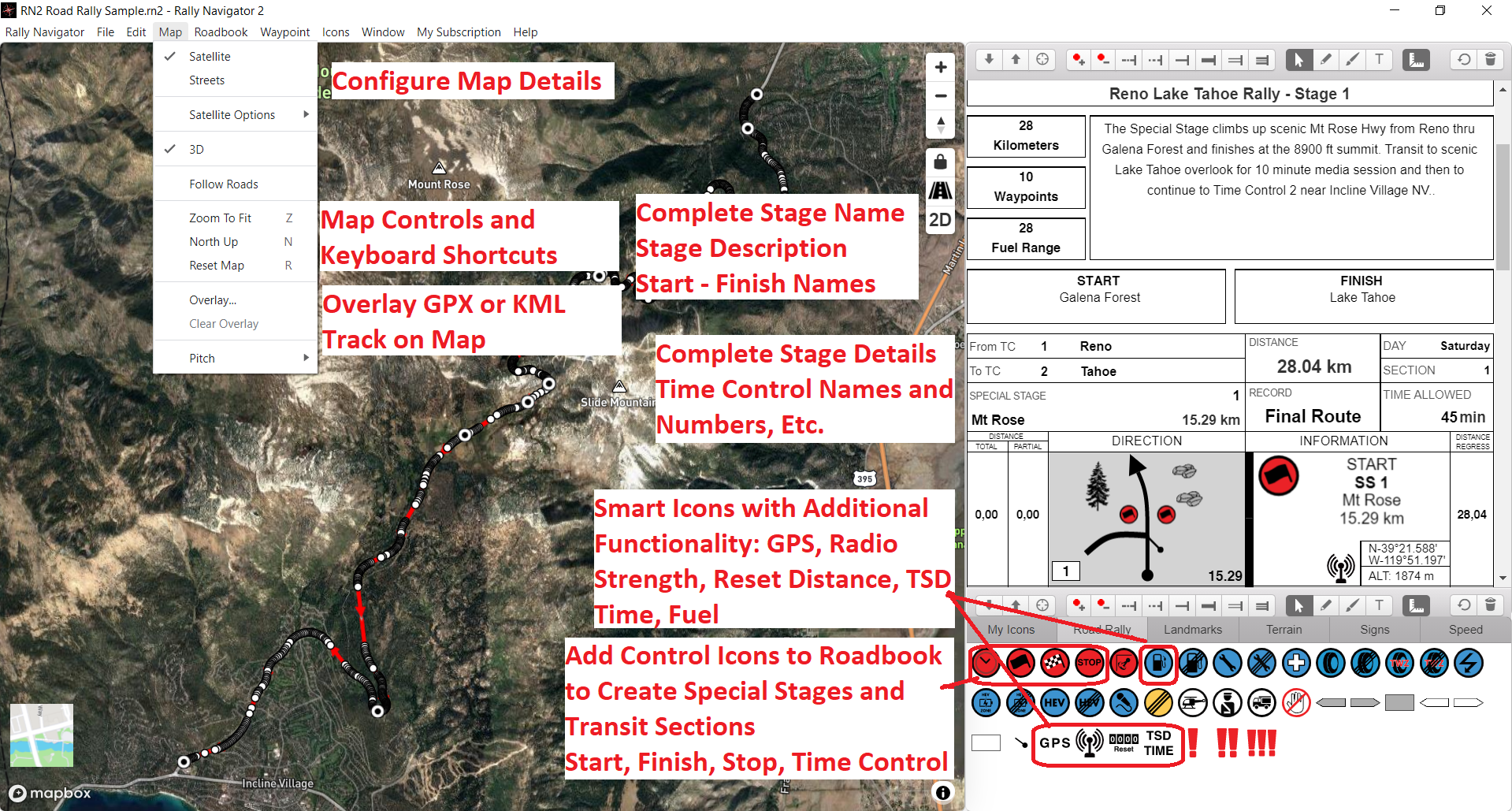 Rally roadbook creator software showing a route, tulip diagrams and waypoints on the map