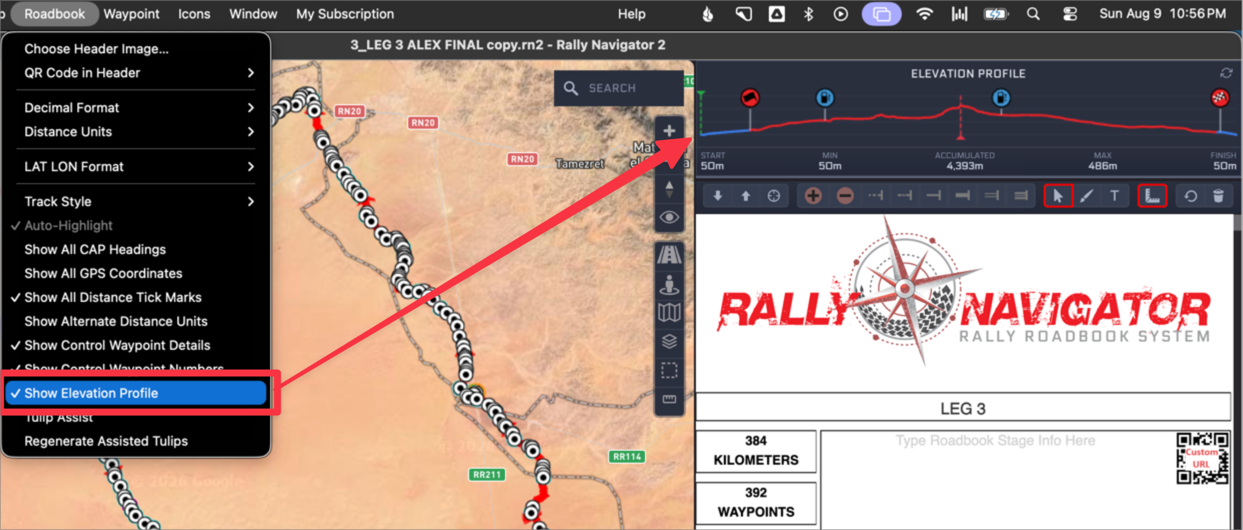 Show Elevation Profile selected in the Roadbook menu, with the profile above the roadbook drawn blue for transit and red for special stage, marked with start, fuel and finish icons