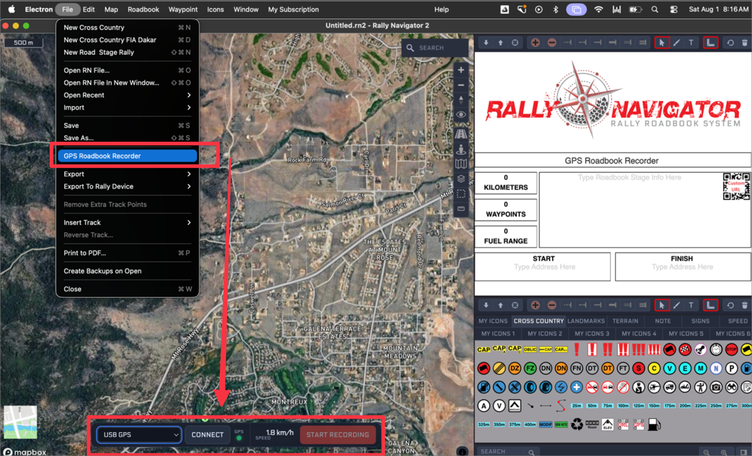 GPS Roadbook Recorder selected in the File menu, with the USB GPS connection bar showing Connect, live speed and Start Recording