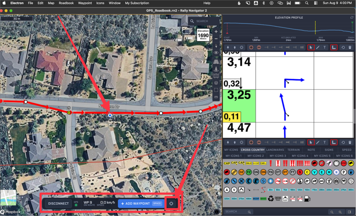 The GPS Roadbook Validator following an existing route: a blue location dot on the drawn track, WP 9 on route in the toolbar, and an Add Waypoint button with its space bar shortcut
