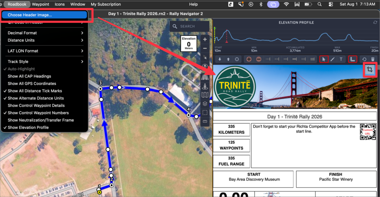 Rally Navigator with Choose Header Image selected in the Roadbook menu and a Trinite Road Rally banner loaded as the roadbook header