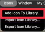 The Icons menu open with Add Icon To Library, Import Icon Library and Export Icon Library options