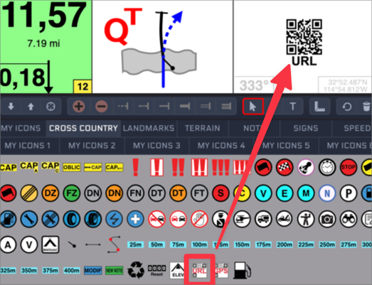 The URL icon in the icon toolbar being placed on a waypoint, producing a scannable QR code in that roadbook cell