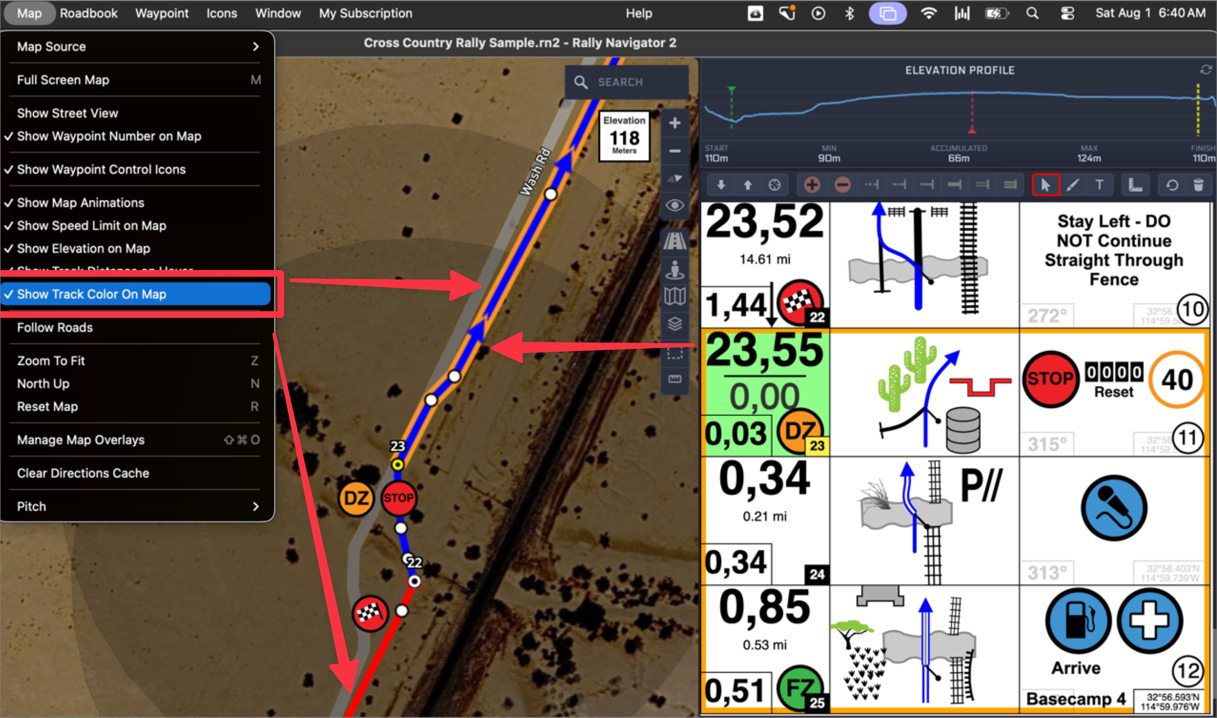 Show Track Color On Map enabled in the Map menu, with the route drawn in different colours for each stage type alongside the matching roadbook entries