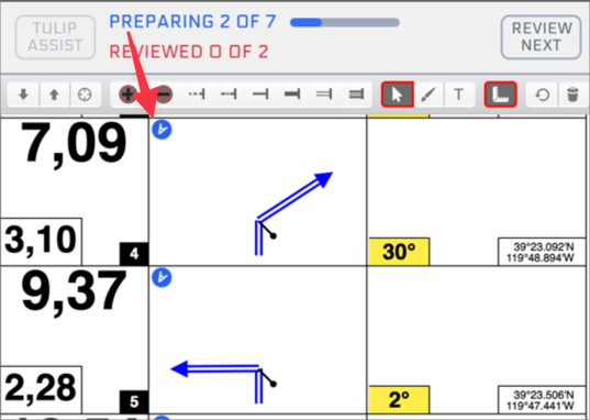 Preparing 2 of 7 with a progress bar in the toolbar and Reviewed 0 of 2 beneath it, while the drafted tulips are marked in the roadbook