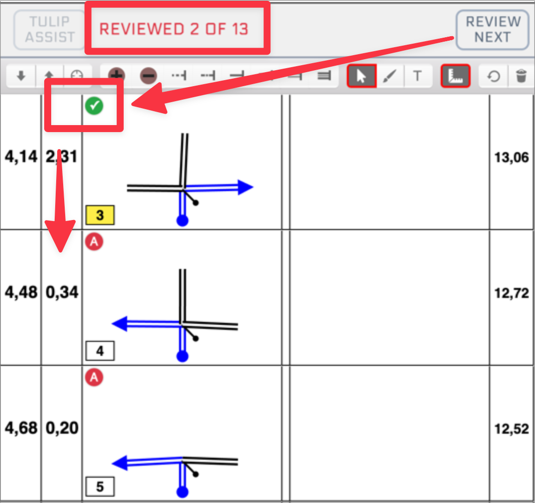 Reviewed 2 of 13, with a green check on the reviewed tulip and red A badges still on the ones below it