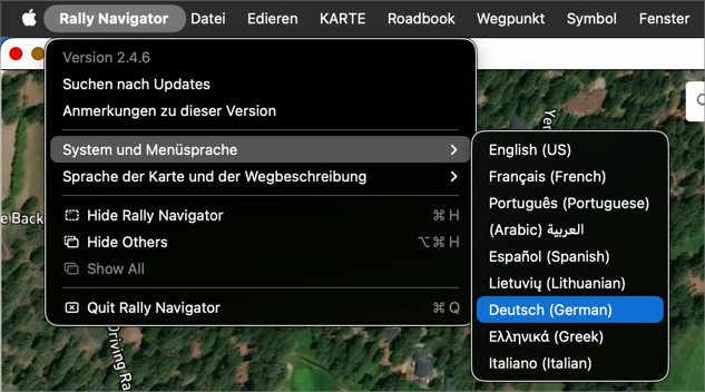 Rally-Navigator-App-Menü mit Deutsch als System- und Menüsprache