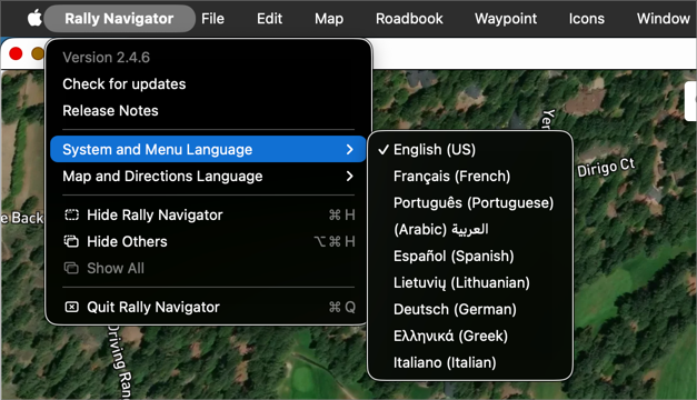 Rally Navigator app menu showing English selected as the system and menu language