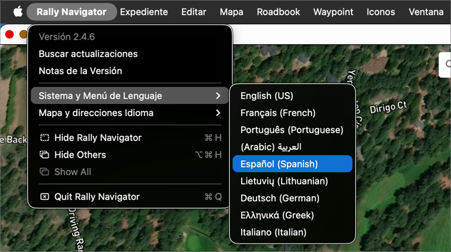 Menú de la aplicación Rally Navigator con el español seleccionado como idioma