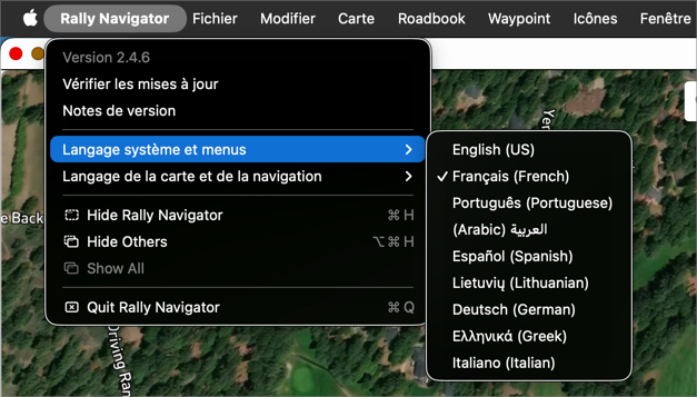 Menu de l’application Rally Navigator avec le français sélectionné comme langue
