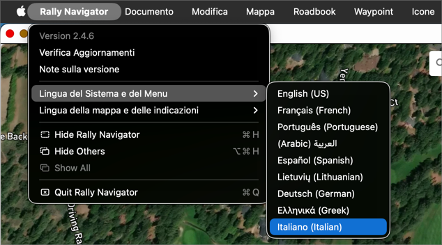 Menu dell’applicazione Rally Navigator con l’italiano selezionato come lingua