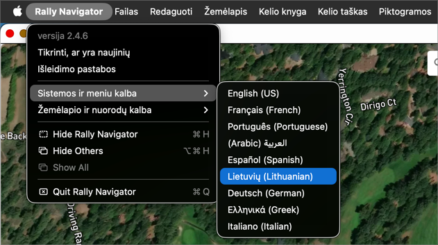 Rally Navigator programos meniu su pasirinkta lietuvių kalba kaip sistemos kalba