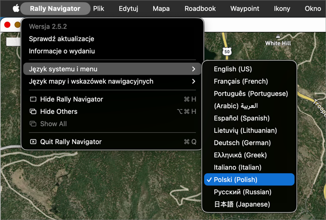 Menu aplikacji Rally Navigator z językiem polskim wybranym jako język systemu
