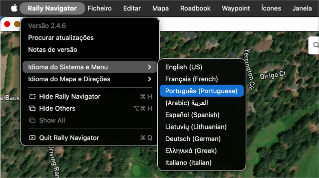 Menu da aplicação Rally Navigator com o português selecionado como idioma