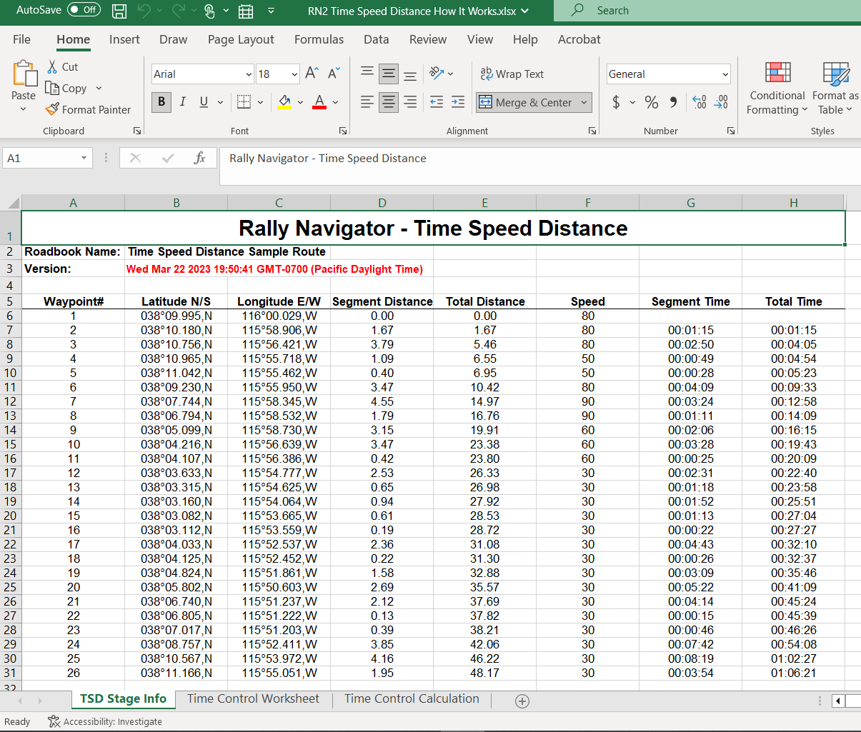 Time Speed Distance Excel worksheet for rally timing