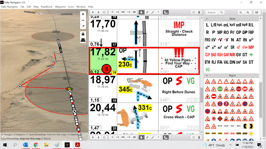 Rally Navigator roadbook creation software running on desktop